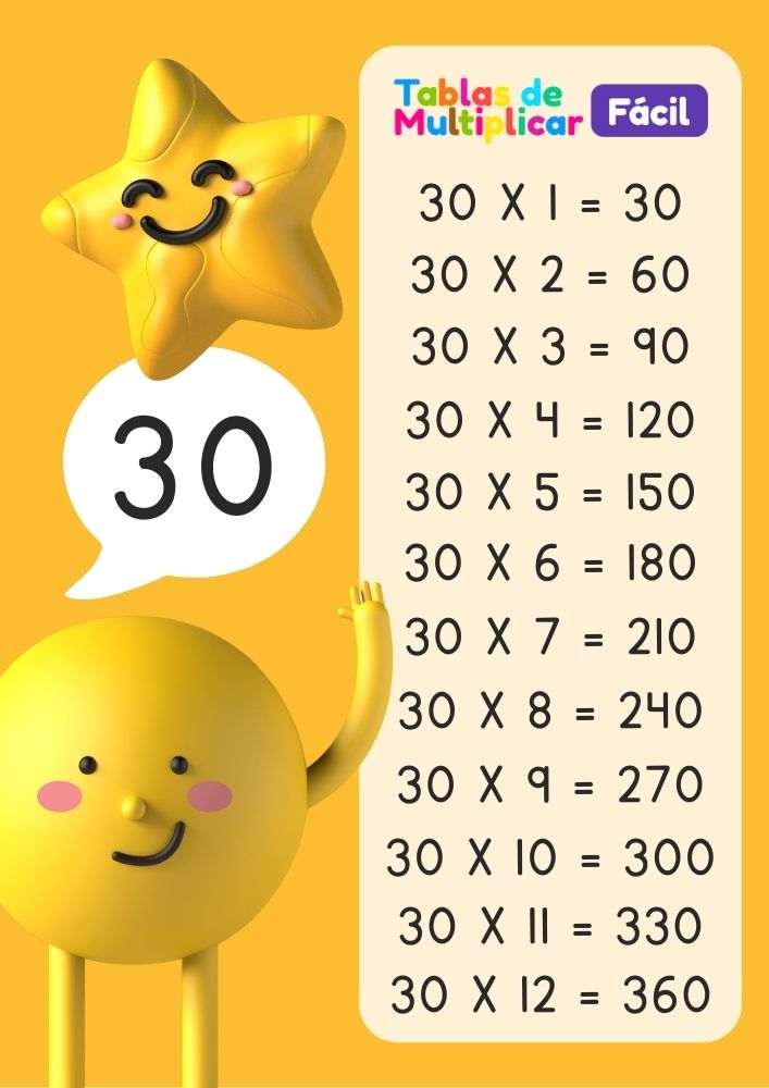 Tabla del 30 para niños, descargar PDF para imprimir